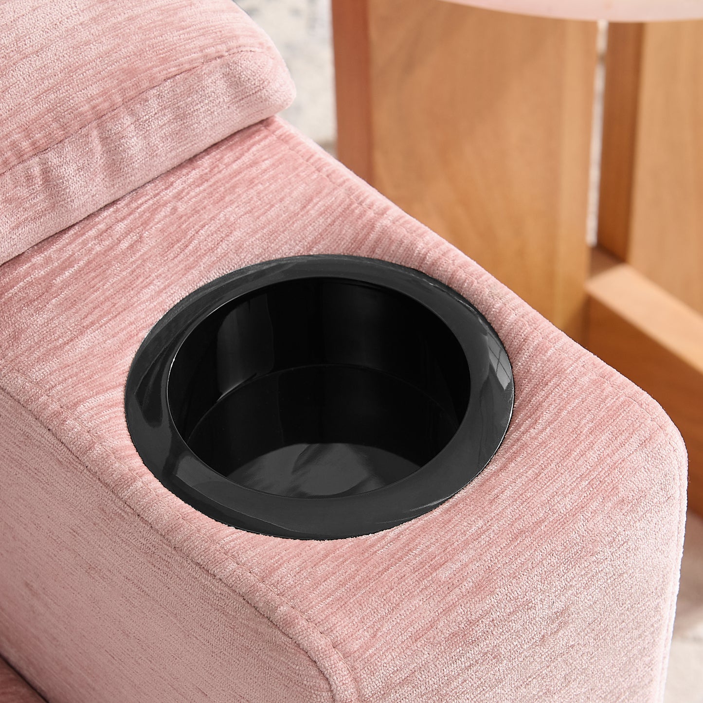 Single sofa recliner with manually adjustable backrest, USB charging port on the armrest side, phone stand included, hidden armrest storage, and a matching storage ottoman-Pink image 12