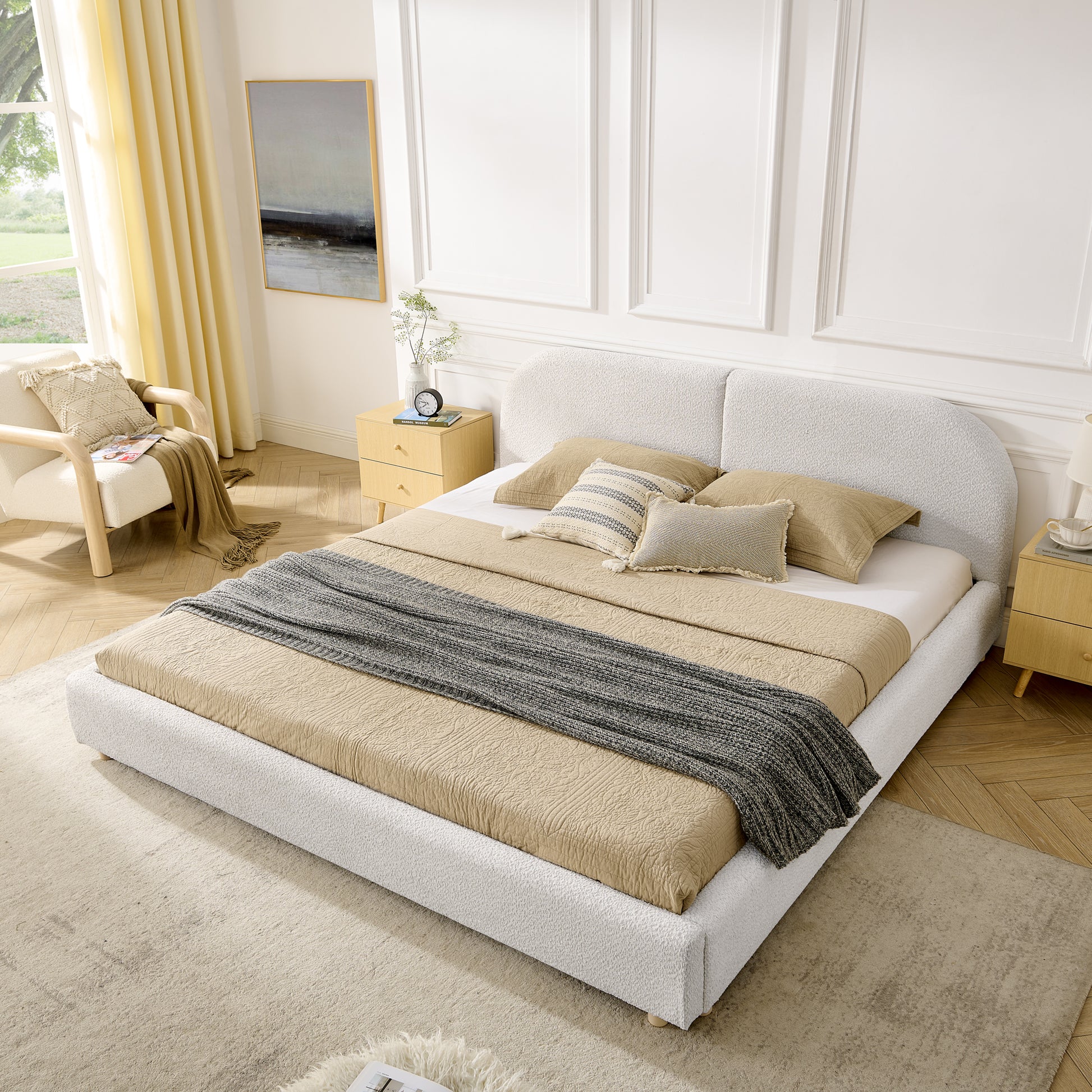 King Size Upholstered Bed Frame, Modern Minimalist Style with Tall Curved Headboard, Premium Circle Yarn Fabric & Sturdy Leg Support, Mattress Not Included-Beige image 2