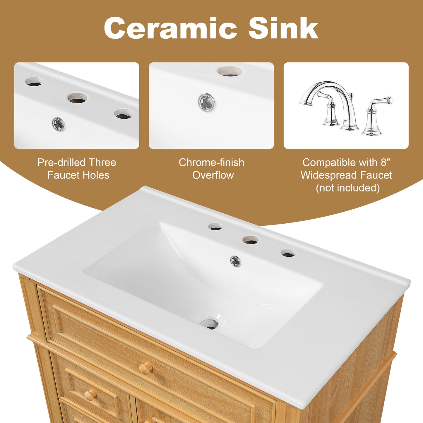 30" Bathroom Vanity with Sink, Wood Vanity Cabinet with Flip-Out Drawer, 2 Soft-Close Drawers, 1 Soft-Close Door, Solid Wood & MDF, Elegant Wood Handles image 8