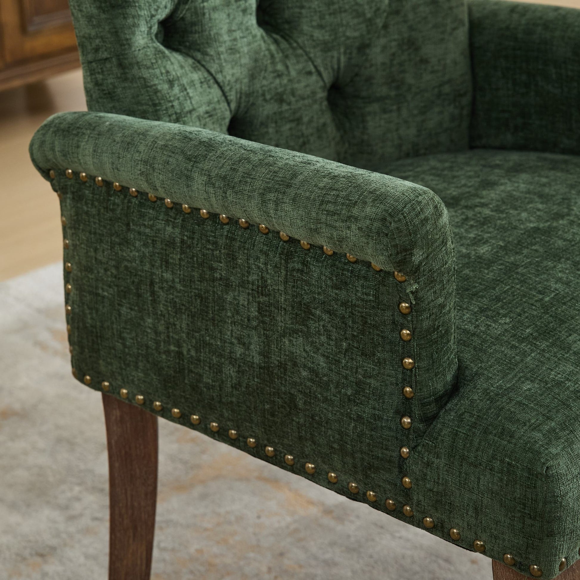 Upholstered Chenille Fabric Accent Dining Chair, Curved Solid Wood Legs, Elegant Tufted Club Dining Room Kitchen Room Arm Dining Chair, Single Pack,Olive Green,SW1895OL image 11