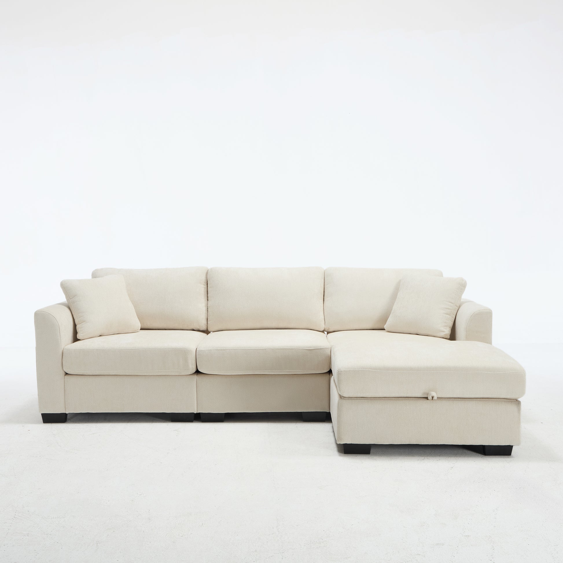 Modern Storage Sofa with Dual USB, 2 Side Pockets,Ottoman Storage Bench Cloud Sectional Chenille Sofa Oversized,4-Seat, L-Shaped Couch,Beige image 9