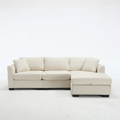 Modern Storage Sofa with Dual USB, 2 Side Pockets,Ottoman Storage Bench Cloud Sectional Chenille Sofa Oversized,4-Seat, L-Shaped Couch,Beige image 9