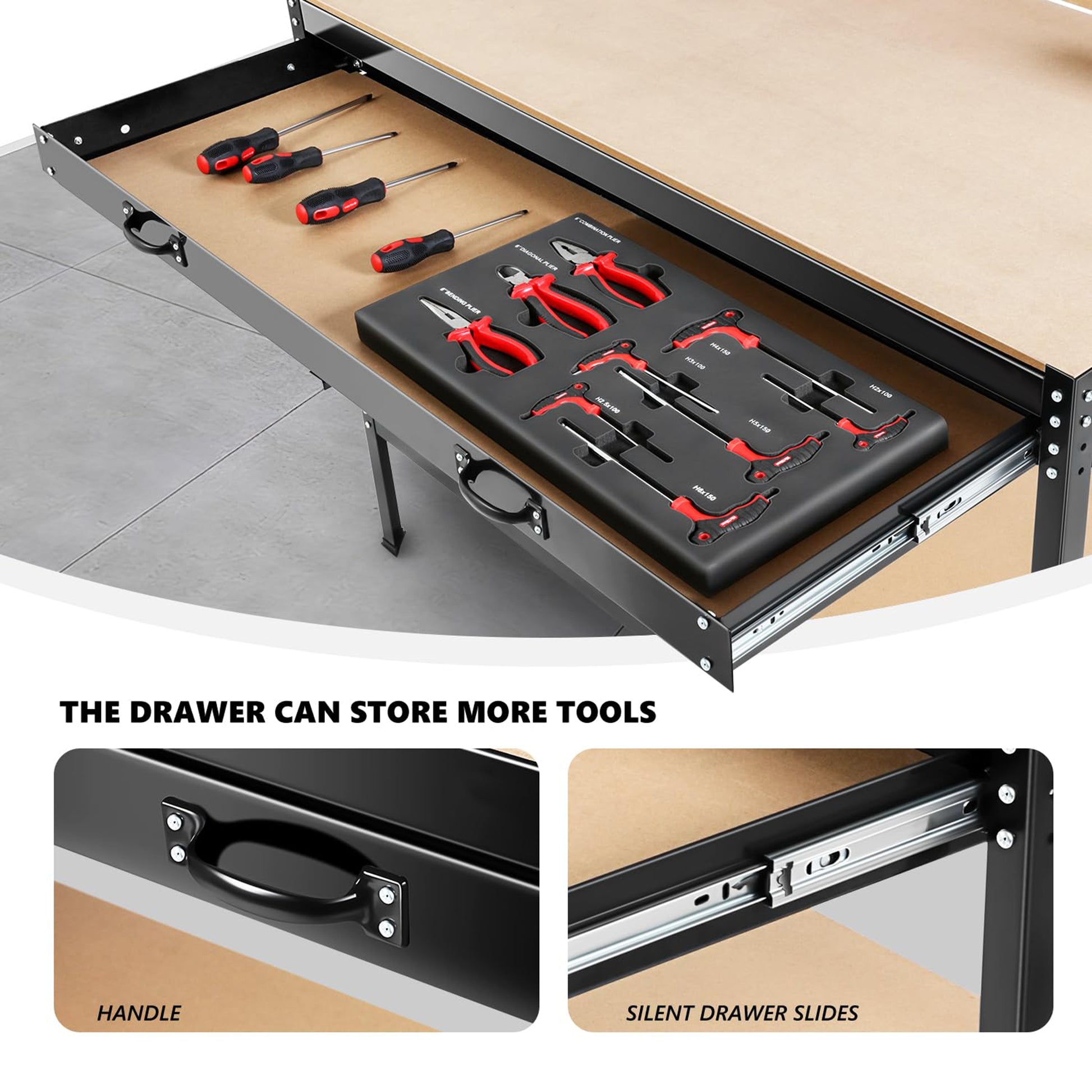 63" Tools Cabinet Working Tables Workbench Tool Storage Workshop Table with Drawers and Pegboard image 11