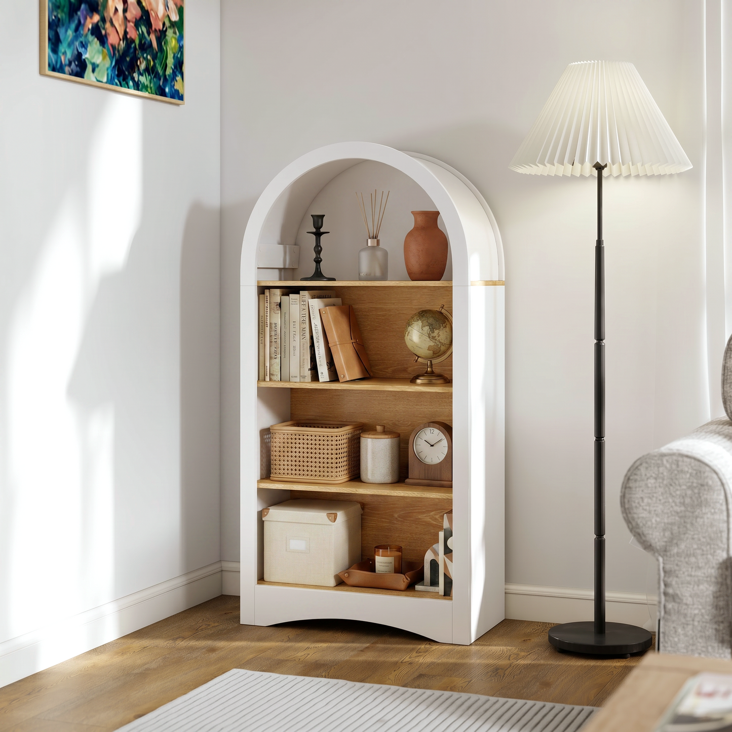 47" Freestanding Display Rack with Woodgrain Shelves, Arched Multifunctional Storage Cabinet, 4-Tier Open Shelf, Small Space Accent Bookcase for Living Room, Bedroom, Entryway,WHITE image 1