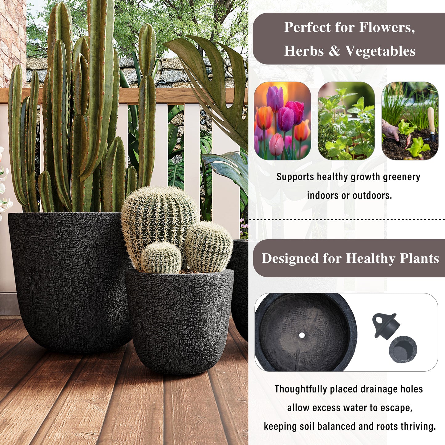 U_STYLE Lightweight MGO Planter Set of 3,16.93"+13.78"+11.02" Dia Round Concrete Stackable Flower Pots with Drainage Holes and Rubber Plug,Crackle Stone Texture for Patio Garden Balcony Indoor Outdoor image 5