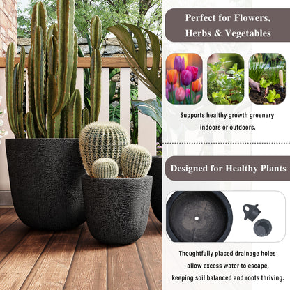 U_STYLE Lightweight MGO Planter Set of 3,16.93"+13.78"+11.02" Dia Round Concrete Stackable Flower Pots with Drainage Holes and Rubber Plug,Crackle Stone Texture for Patio Garden Balcony Indoor Outdoor image 5