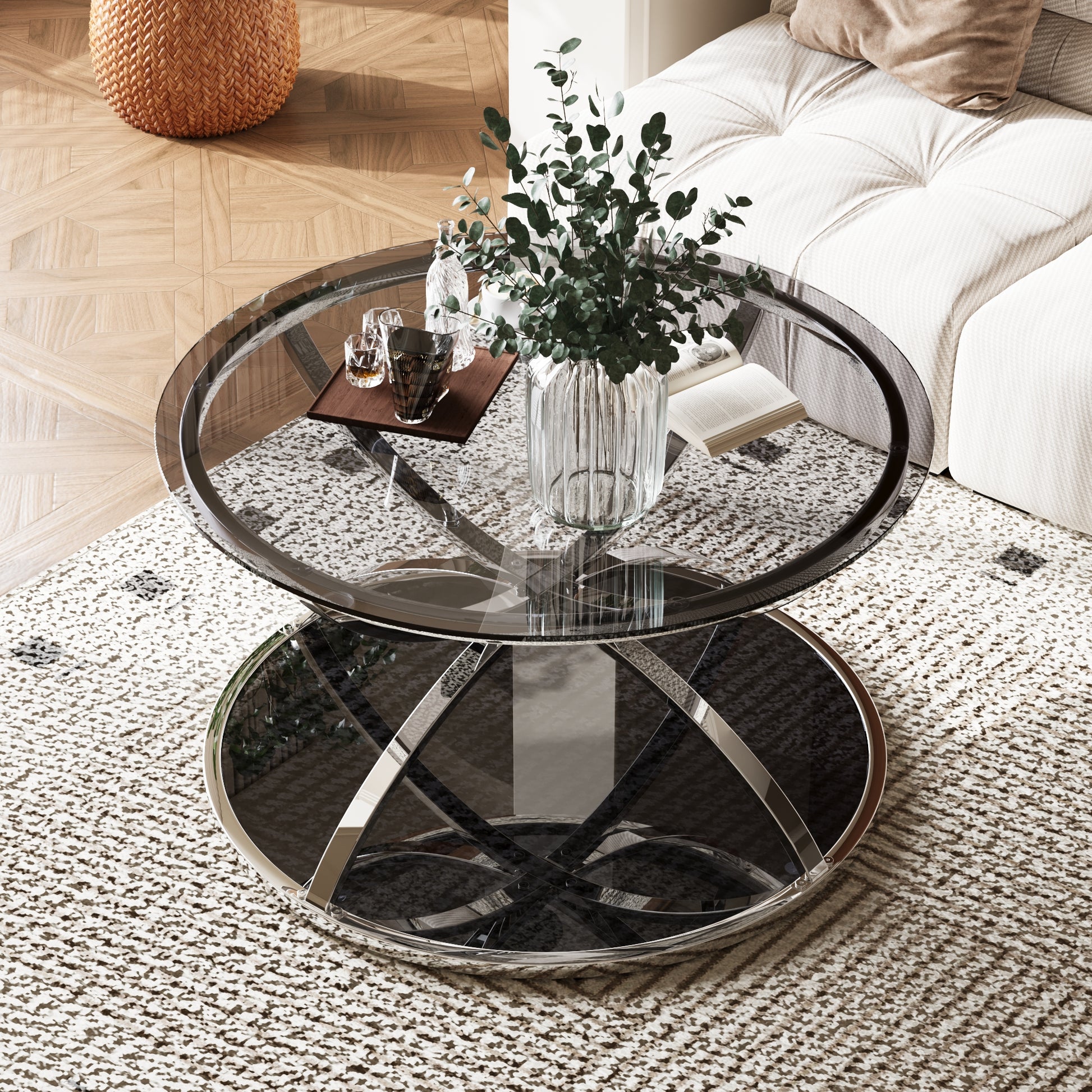 31.50'' Modern Glass Coffee Table with 2 Tiers, Ring-Shaped Frames, Chrome Finish and Gray Tempered Glass, Round Coffee Table for Living Room, Bedroom and Office, Silver image 2
