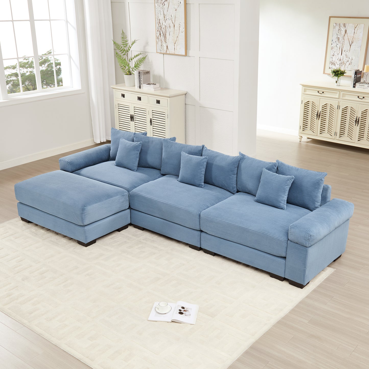 130" Oversized Cloud Modular L-Shape Sectional Couch, Soft Corduroy Fabric,With An Ottoman, Deep Seat Wide Armrest Ergonomic Design 9 Pillows Easy Assembly,For Living Rooms Bedroom,Blue image 1