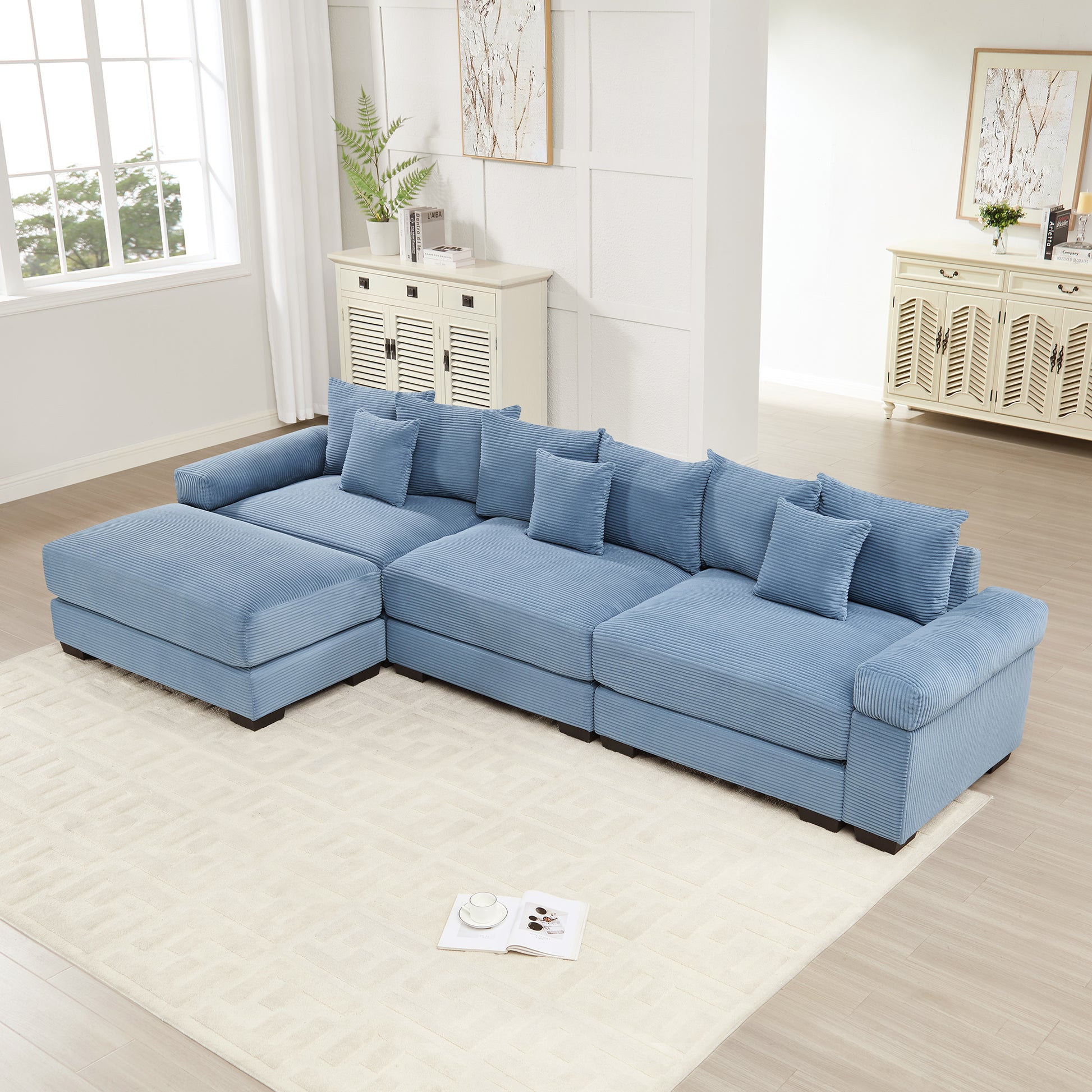 130" Oversized Cloud Modular L-Shape Sectional Couch, Soft Corduroy Fabric,With An Ottoman, Deep Seat Wide Armrest Ergonomic Design 9 Pillows Easy Assembly,For Living Rooms Bedroom,Blue image 1