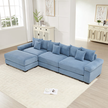 130" Oversized Cloud Modular L-Shape Sectional Couch, Soft Corduroy Fabric,With An Ottoman, Deep Seat Wide Armrest Ergonomic Design 9 Pillows Easy Assembly,For Living Rooms Bedroom,Blue image 1