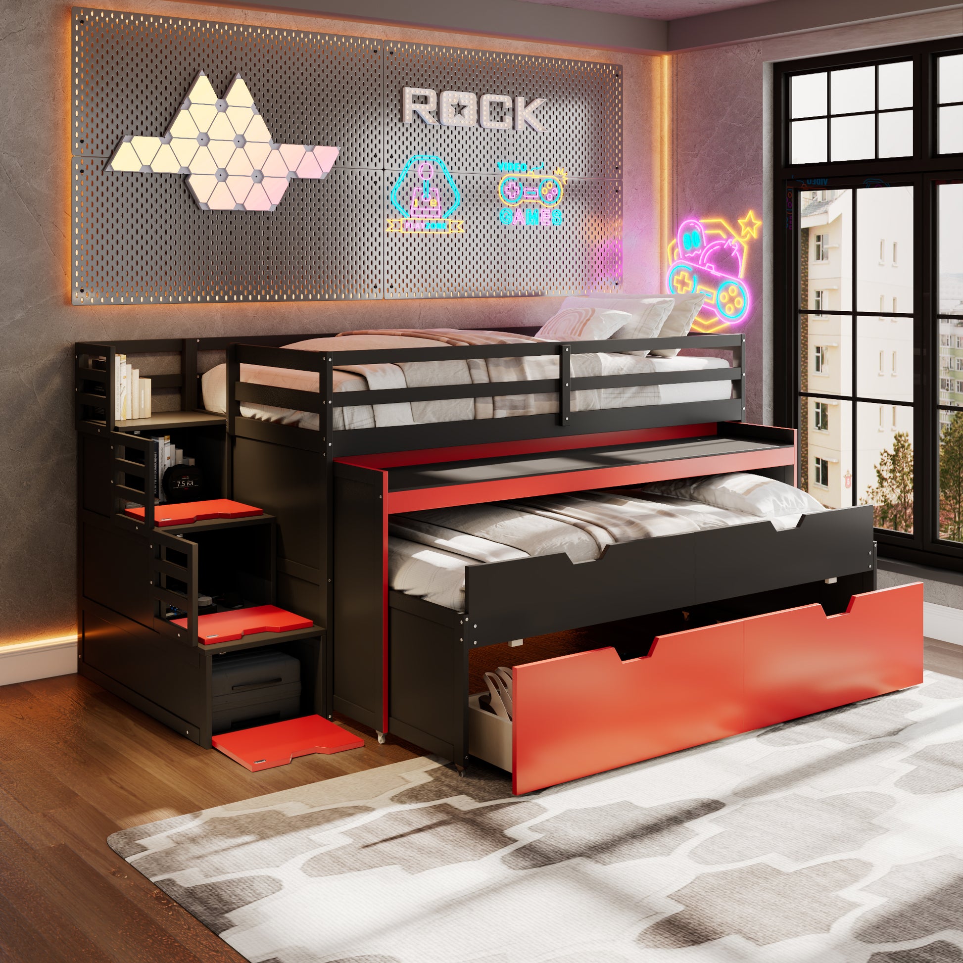 Twin XL Loft Bed with Pull-Out Desk and Twin Trundle, Multi-Functional Bunk Bed with 2 Storage Drawers and Storage Steps, Space-Saving Gaming & Workstation Bedframe, Black+Red image 1