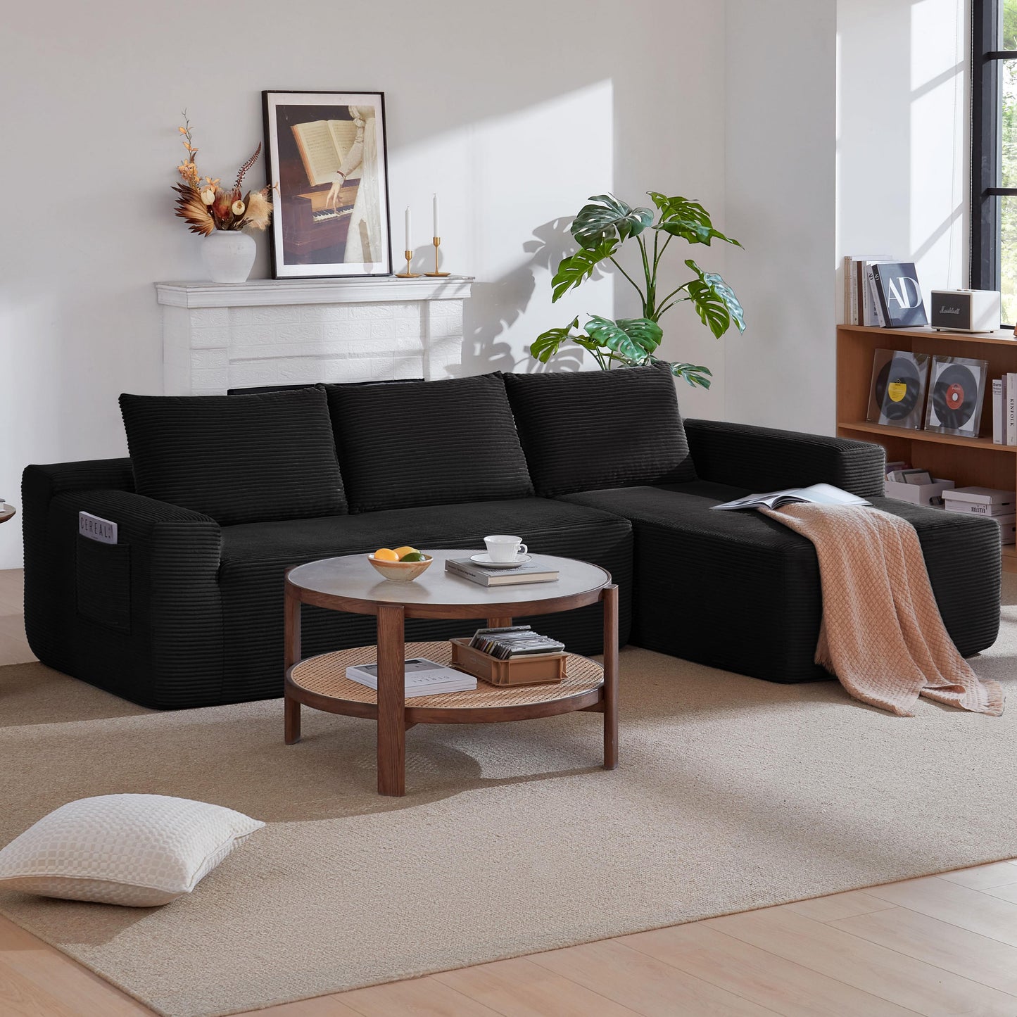 NEW 96.9" Cloud Sectional Couch with L-Shape Chaise,Modern Modular Sofa with Deep Seat, Upholstered Couches for Living Room Bedroom,No Assembly Required, (Corduroy Fabric),Black,Right image 1
