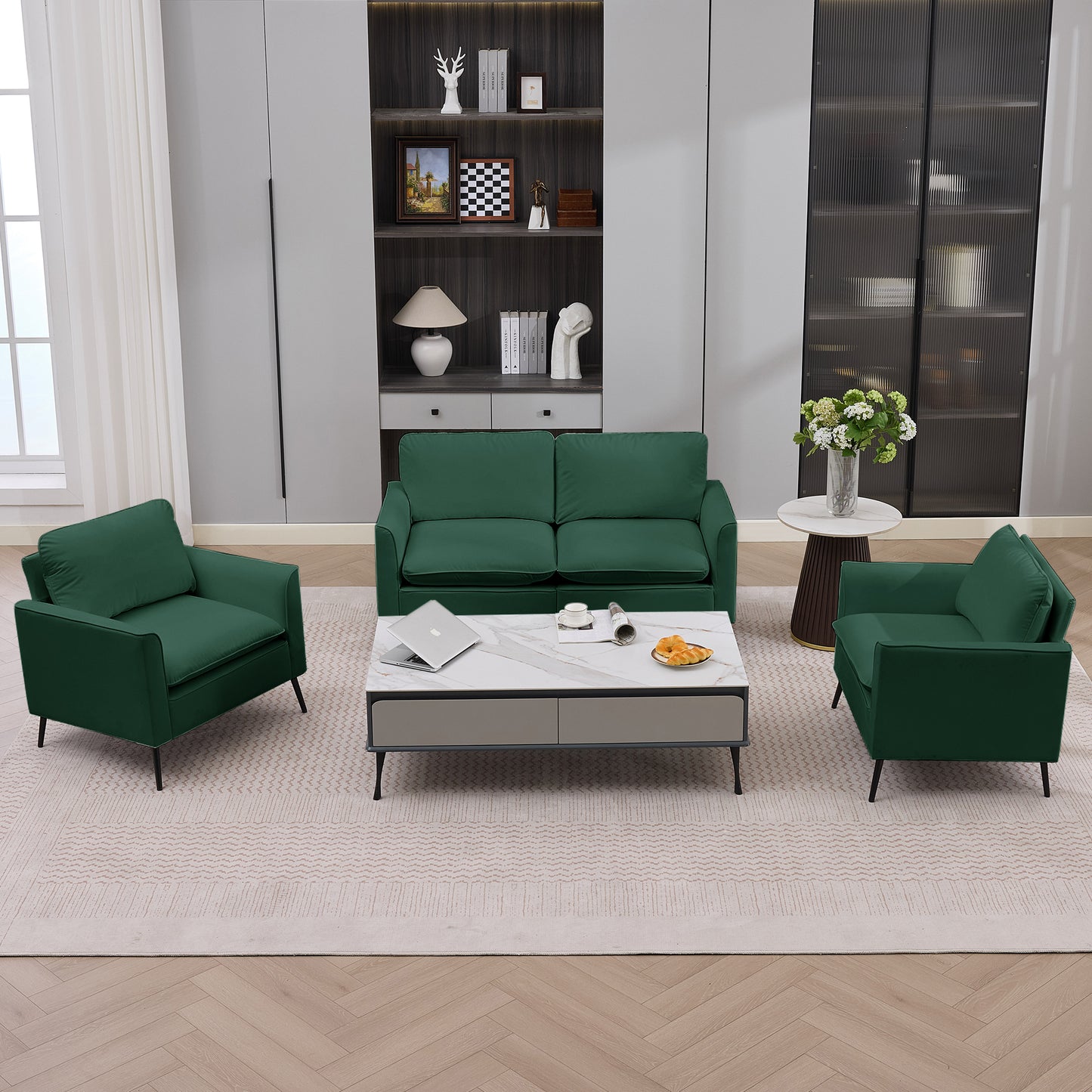 TS Cat paw leather upholstered sofa loveseat,Nordic retro light luxury living room balcony bedroom single casual sofa chair Double sofa + two pack combination(Green) image 1