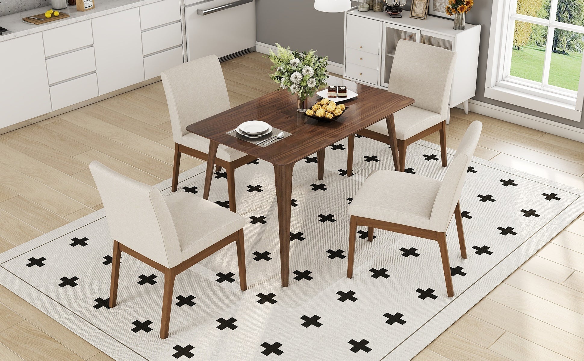 5-Piece Dining Table Set with One Solid Wood Frame Table and 4 Upholstered Chairs for Dining Room, Walnut+Light beige (same sku: N759S924557K / N759S004001K) image 2
