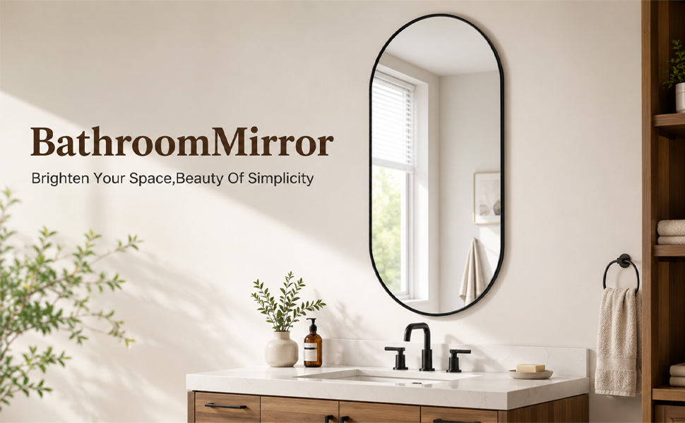 Black PVC frame oval mirror 18x40 inch in living room