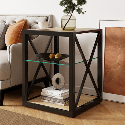 1 piece Modern End Table Nightstand for Bedroom & Living Room, Tempered Glass&Natural Wood MDF Top, Industrial Style Side Table image 1