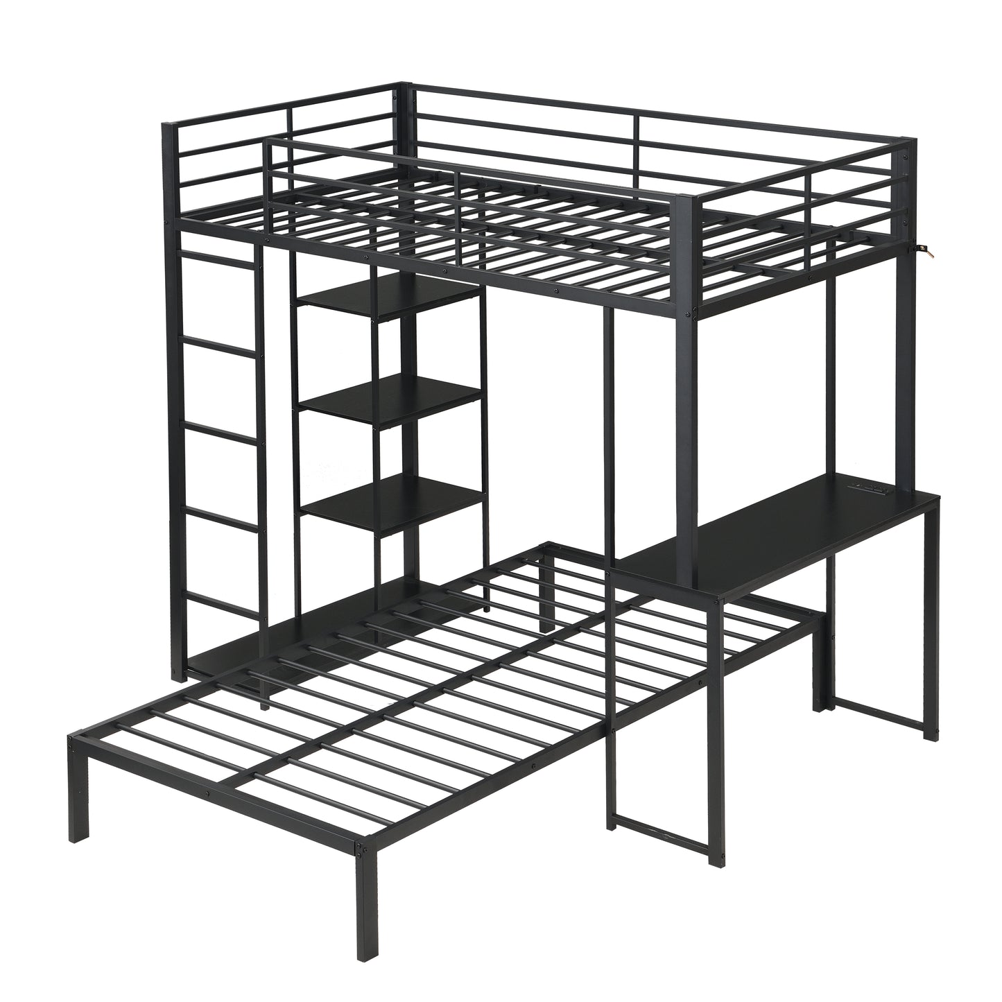 Metal Loft Bed Frame with LED Light Strip, Side Storage Shelves & Built-in Desk, TWIN/TWIN Size Metal Bunk Bed, Dorm, Apartment, Guest Room image 4