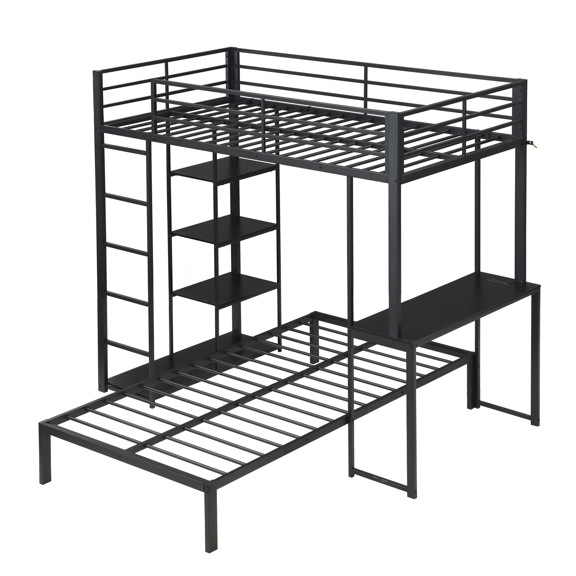Metal Loft Bed Frame with LED Light Strip, Side Storage Shelves & Built-in Desk, TWIN/TWIN Size Metal Bunk Bed, Dorm, Apartment, Guest Room image 4