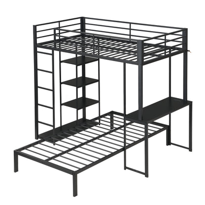 Metal Loft Bed Frame with LED Light Strip, Side Storage Shelves & Built-in Desk, TWIN/TWIN Size Metal Bunk Bed, Dorm, Apartment, Guest Room image 4