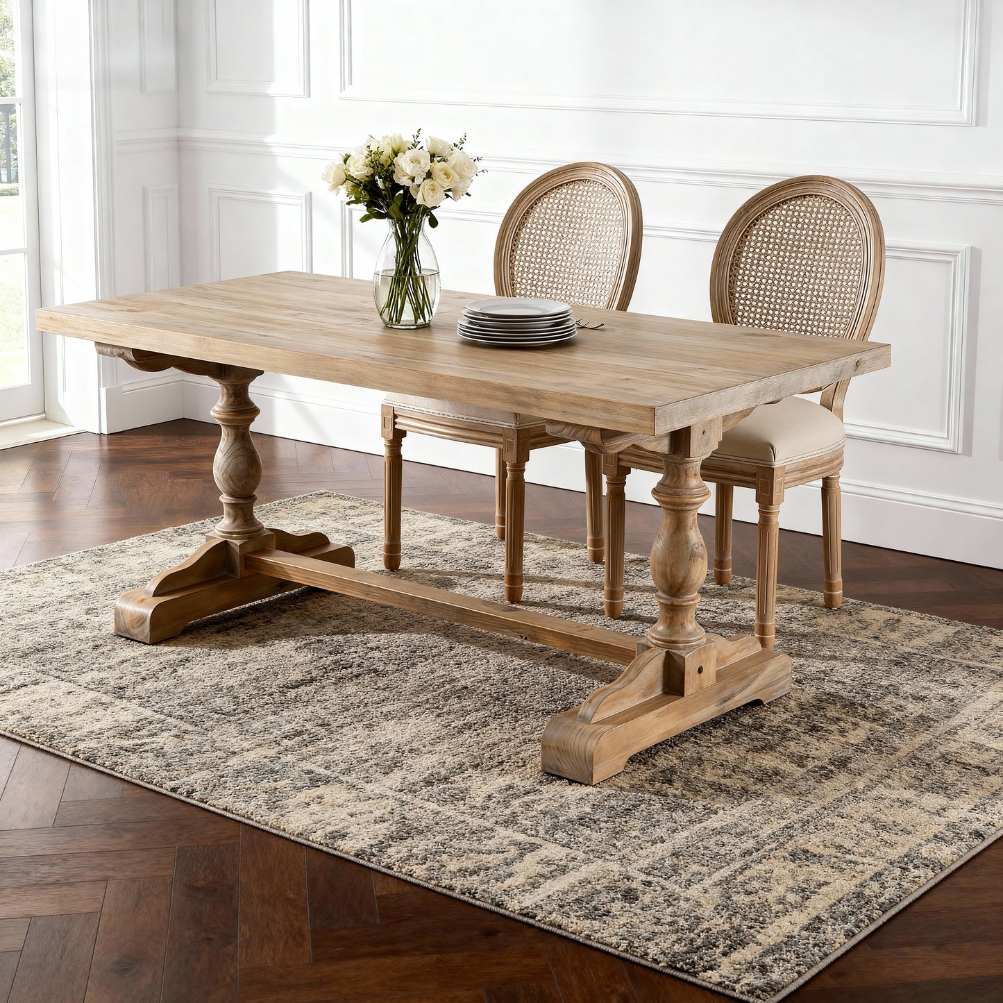 French Style Solid Wood Frame Linen Fabric Rattan Back Dining Chair,Set of 2, Beige image 7