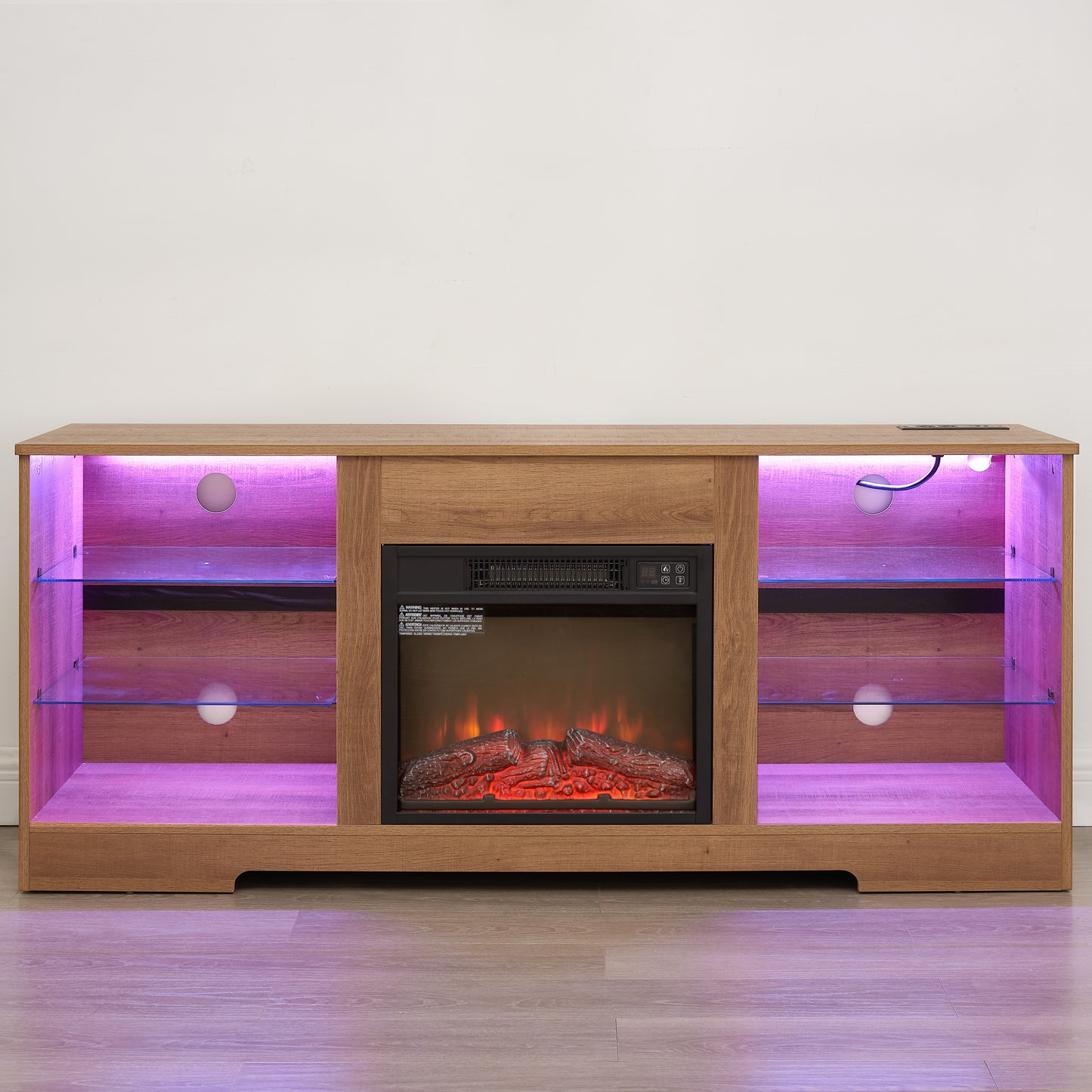 TV Stand Electric Fireplace TV Stand with Glass Shelves, 3D Fireplace TV Stand with LED Lights Wood with USB Charging Outlet Modern Television Table Center for TV up to 32-62" OAK 58'W*15.4''D*24.6 image 9
