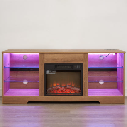 TV Stand Electric Fireplace TV Stand with Glass Shelves, 3D Fireplace TV Stand with LED Lights Wood with USB Charging Outlet Modern Television Table Center for TV up to 32-62" OAK 58'W*15.4''D*24.6 image 9