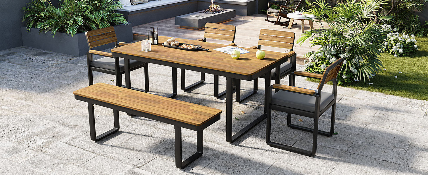 6-Piece Outdoor Dining Set, Acacia Wood, 1 Table with 4 Chairs & 1 Bench for 6-7 Person, Comfortable Cushions on Chairs, Adjustable Feet, for Patio, Garden, Backyard Dining, Gray Cushion image 11