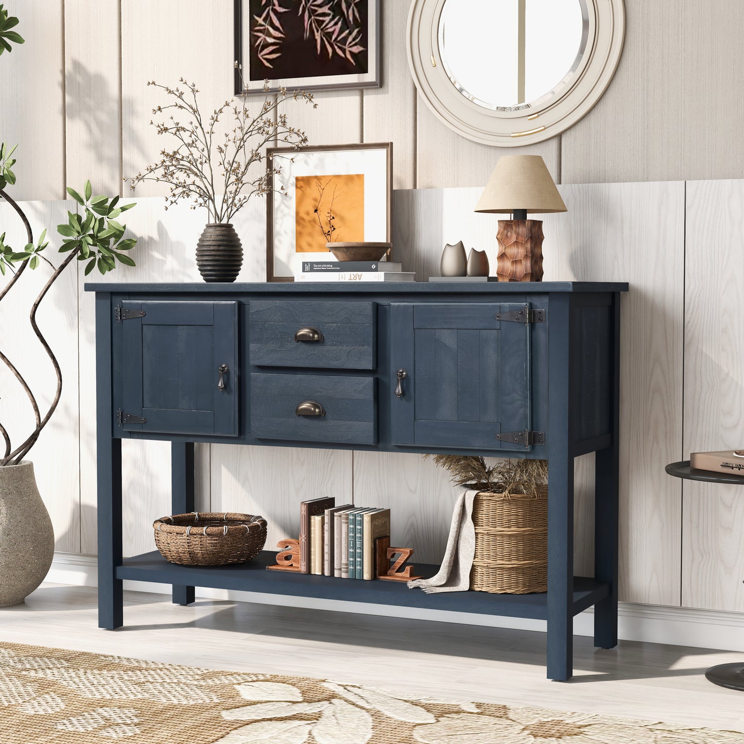 46'' Solid Wood Sideboard Console Table with 2 Drawers and Cabinets and Bottom Shelf, Retro Style Storage Dining Buffet Server Cabinet for Living Room Kitchen Dining Room(Navy Blue) image 2