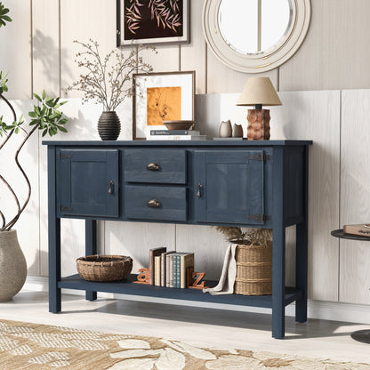 46'' Solid Wood Sideboard Console Table with 2 Drawers and Cabinets and Bottom Shelf, Retro Style Storage Dining Buffet Server Cabinet for Living Room Kitchen Dining Room(Navy Blue) image 2
