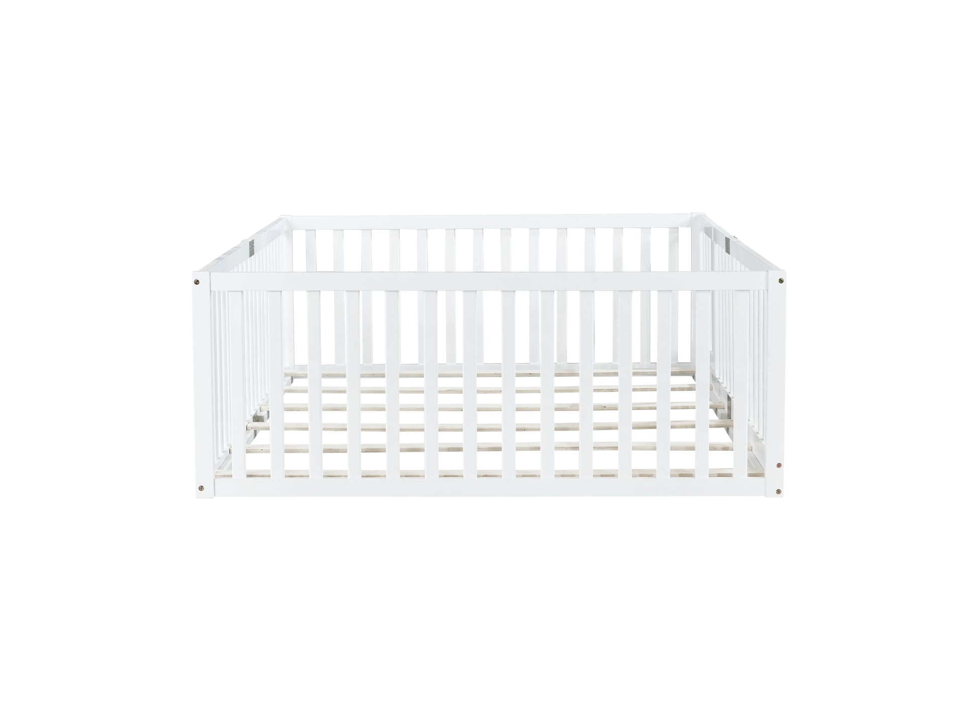 Full Size Floor Bed with High Fence Railings, with Door,6 Slats Included, Rubber Wood Floor Bed with Safety Guardrails,White image 12