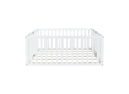Full Size Floor Bed with High Fence Railings, with Door,6 Slats Included, Rubber Wood Floor Bed with Safety Guardrails,White image 12