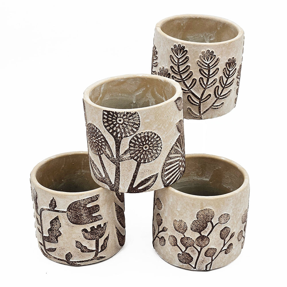 Set of 4 4.3x4.3x4" Gray Sand and Cement Planters with Brown Botanical Motifs image 4