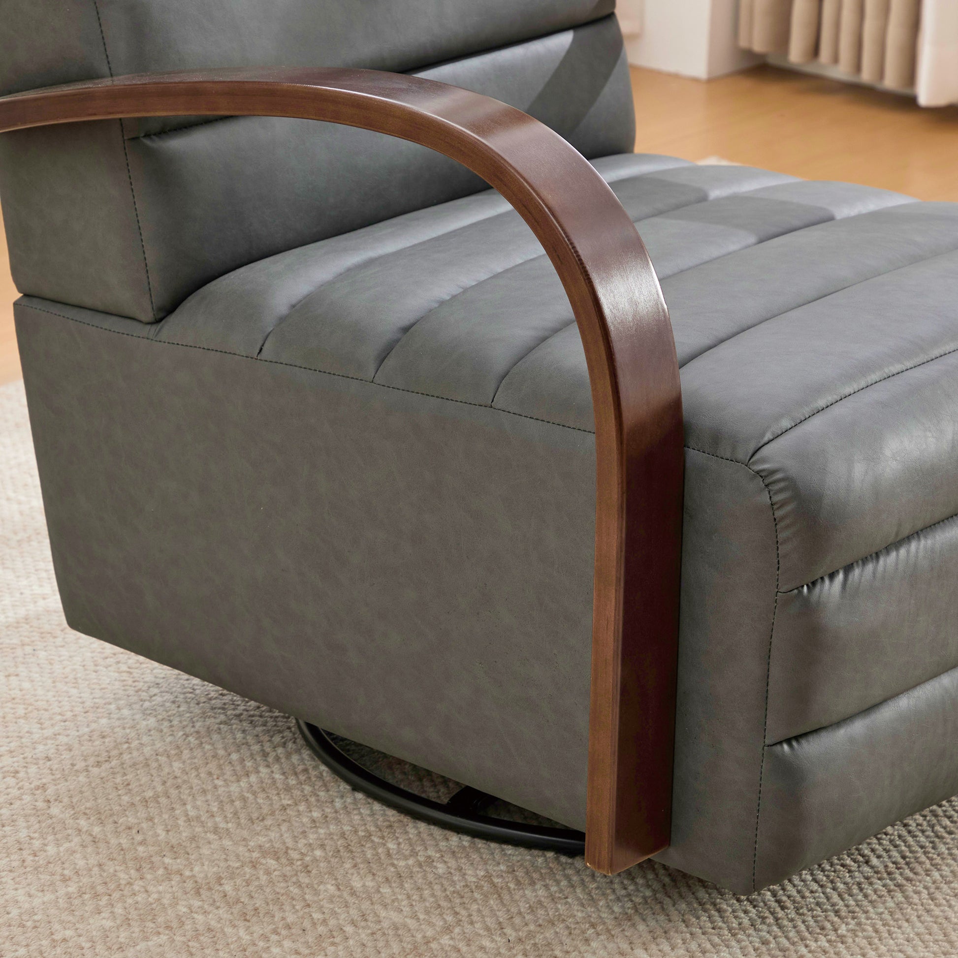 30.7"W Modern Upholstered 360° Swivel Accent Chair with Solid Wood Armrests and Comfy Channel Tufted Lounge Reading Chair, Single Sofa Armchair for Hotel Bedroom Living Room Office and Bedroom. Gray image 11