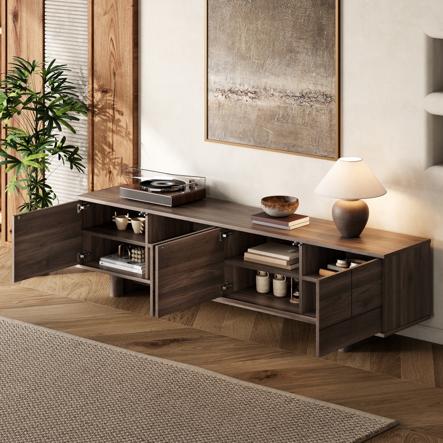 78 inch Modern TV Stand for TVs up to 85", Entertainment Center with with Solid Wood Legs, Cable Management, Push-Openers, Soft-Closing Hinges & Adjustable Shelves for Living Room image 4