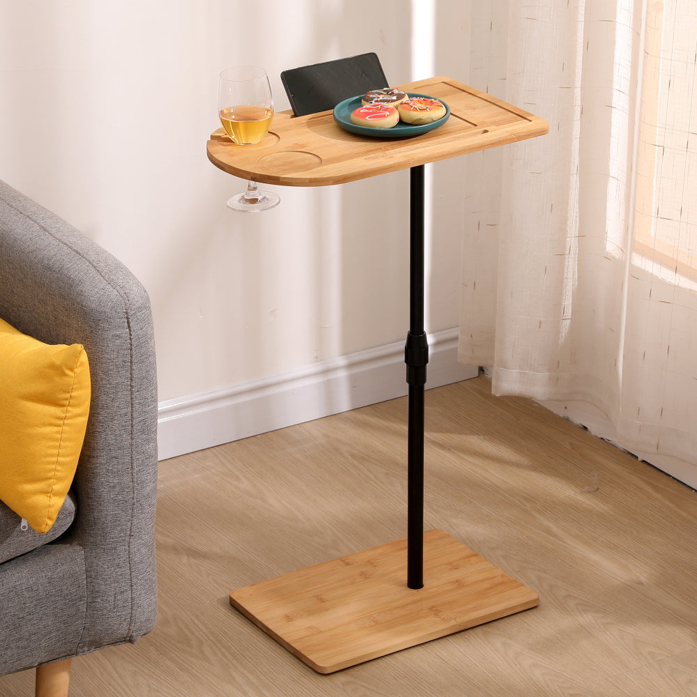 Bamboo Couch Tray Table Height Adjustable C-Shaped End Table with Slots 2 Tier Sofa Side Table for Living Room & Bedroom (Rectangle + Rectangle)