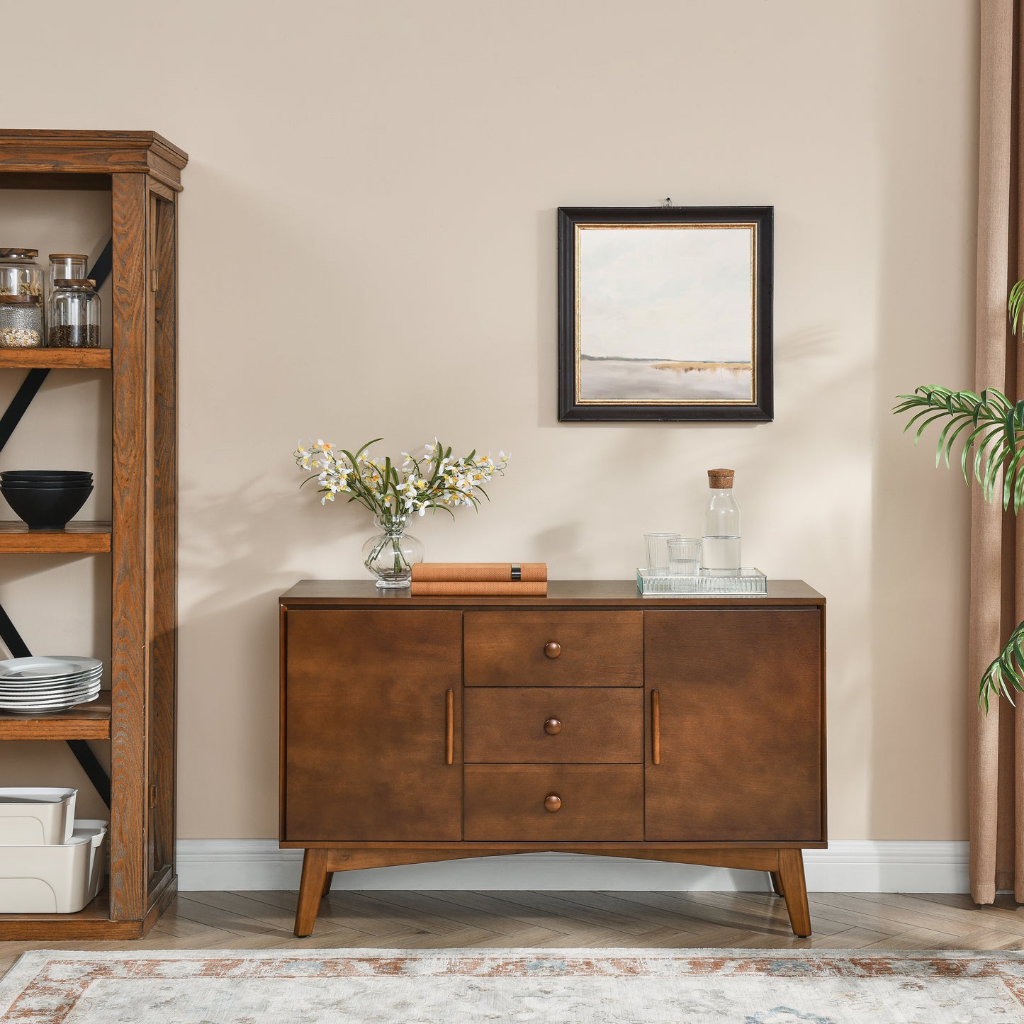 47.3" Mid Century Modern Sideboard Buffet Cabinet with Storage, Storage Cabinet with 2 Doors and 3 Drawers for Kitchen Dining Living Room, Accent Console Table, Walnut image 2
