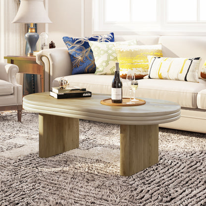 Mid Century Modern Oval Fluted Coffee Table, Farmhouse Wood Coffee Table, Cocktail Table, Center Table for Living Room, Office, Home Decor(Natural, 23.62" D x 47.24" W x 16.34" H) image 12