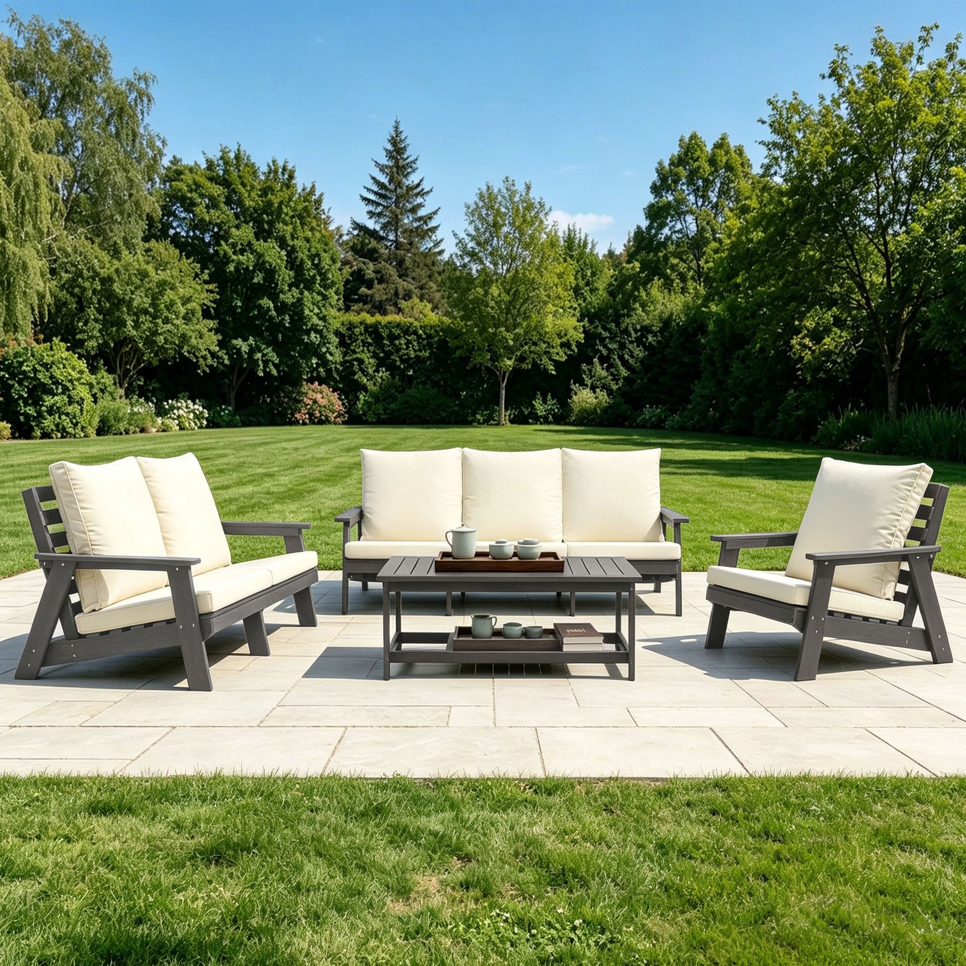 HIPS 3 Seater Sofa with Cushion, Outdoor Garden Sofa, Sofa Set for Porch, Poolside, Terrace, and Yard Grey/Beige image 4