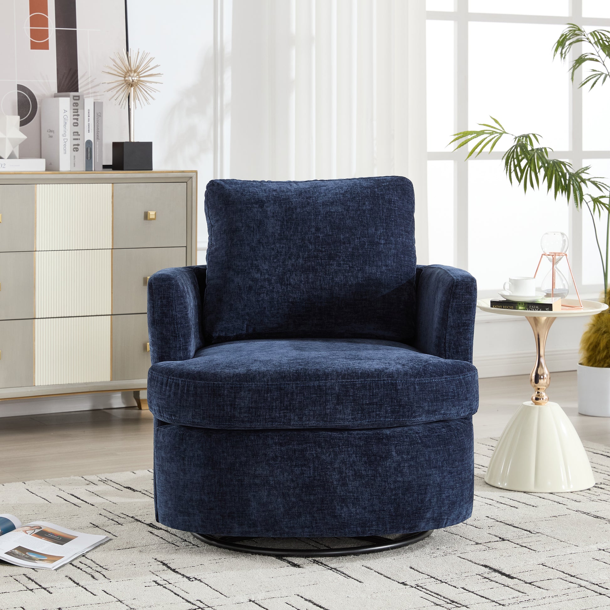 Vanity Chair,Swivel Accent Chair, 360 Degree Round Swivel Barrel Chair, Upholstered Comfy Swivel Chairs for Living Room,Accent Chairs for Bedroom, Reading Room,Powder Room,(Velvet, Blue) image 7
