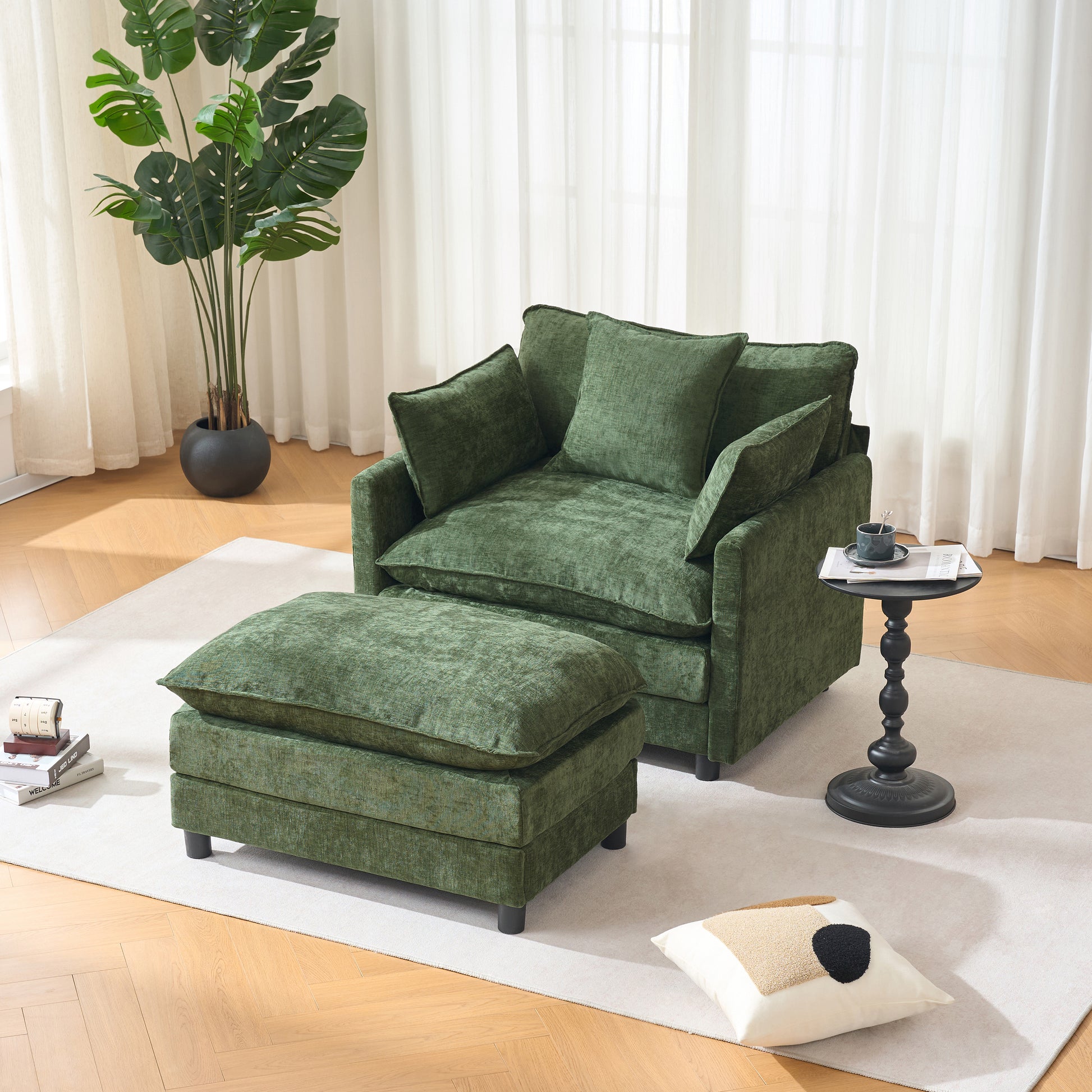 39.4" Modern Accent Chair with Ottoman, Living Room Club Chair Chenille Upholstered Armchair, Reading Chair for Bedroom, Green Chenille image 5
