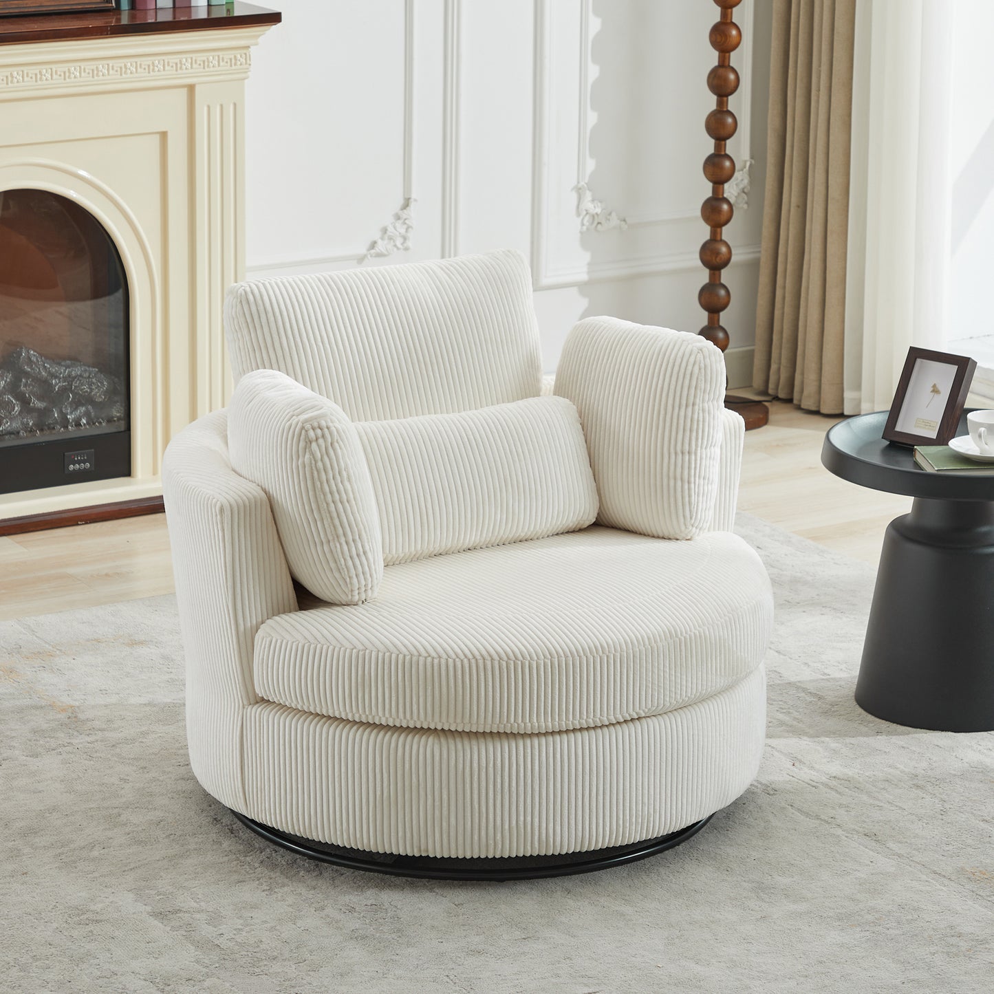 42''W Swivel Accent Chair With 2 Thorw Pillows 360 Degree Swivel Round Sofa Modern Oversized Chair Cozy Club Chair for Bedroom Living Room Lounge Hotel, Ivory Corduroy image 2