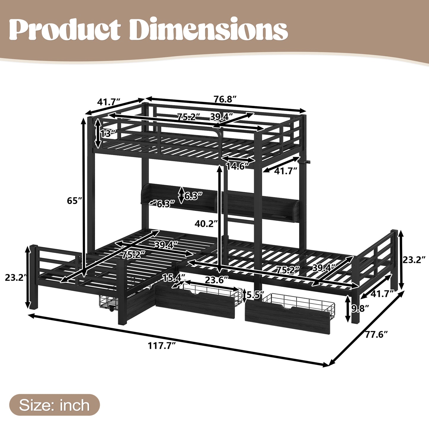 Triple Loft Bed with Storage Shelves and Drawers, Twin over Twin & Twin Loft Bed with Led Lights And Usb Ports, Space-Saving L－Shaped Loft Bed For 3, Black image 6