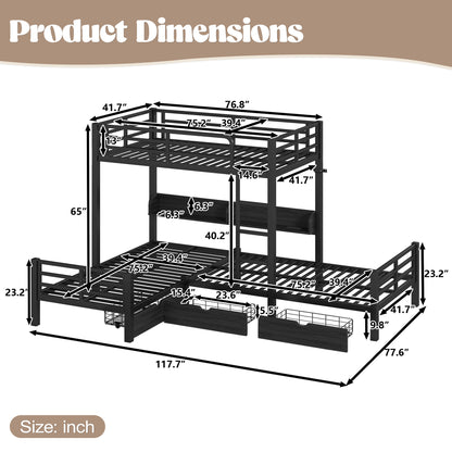 Triple Loft Bed with Storage Shelves and Drawers, Twin over Twin & Twin Loft Bed with Led Lights And Usb Ports, Space-Saving L－Shaped Loft Bed For 3, Black image 6