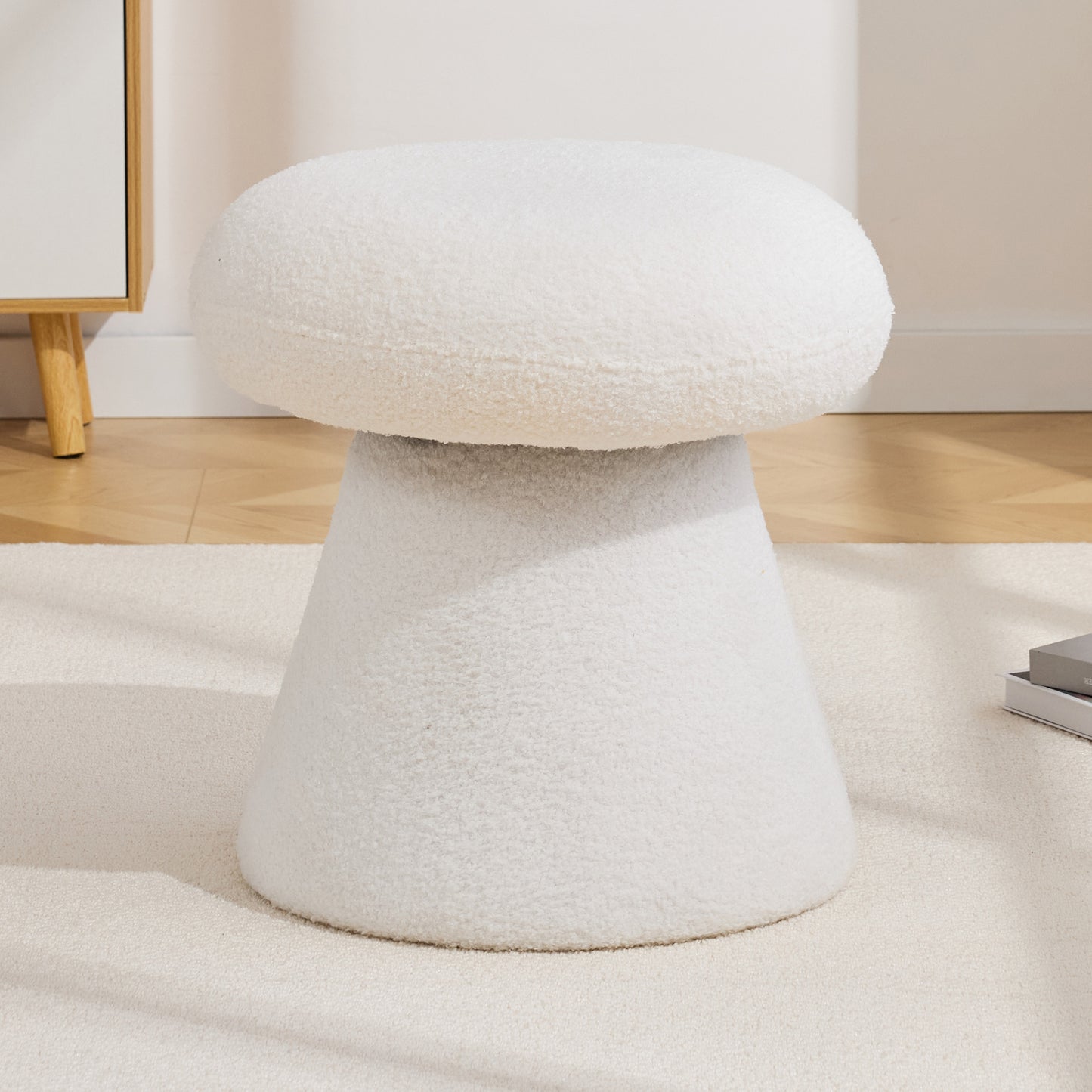 066-Teddy Fabric Soft-padded Footstool, Mushroom shaped Ottoman, Shoe-changing Stool, Makeup Stool,No Installation Required, Suitable For Bedrooms, Living Rooms, Powder Rooms Or Entrances, White image 1