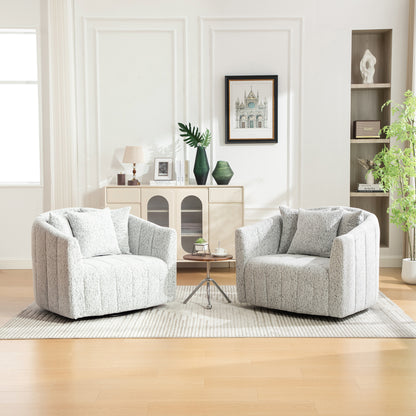 39"W Upholstered Oversized 360° Swivel Accent Barrel Chair and Half Cozy Sofa with 3 Pillows, Chenille Channel Tufted Pumpkin-Shape Club Armchair for Living Room, Bedroom, Office, Lounge,White-Black image 2
