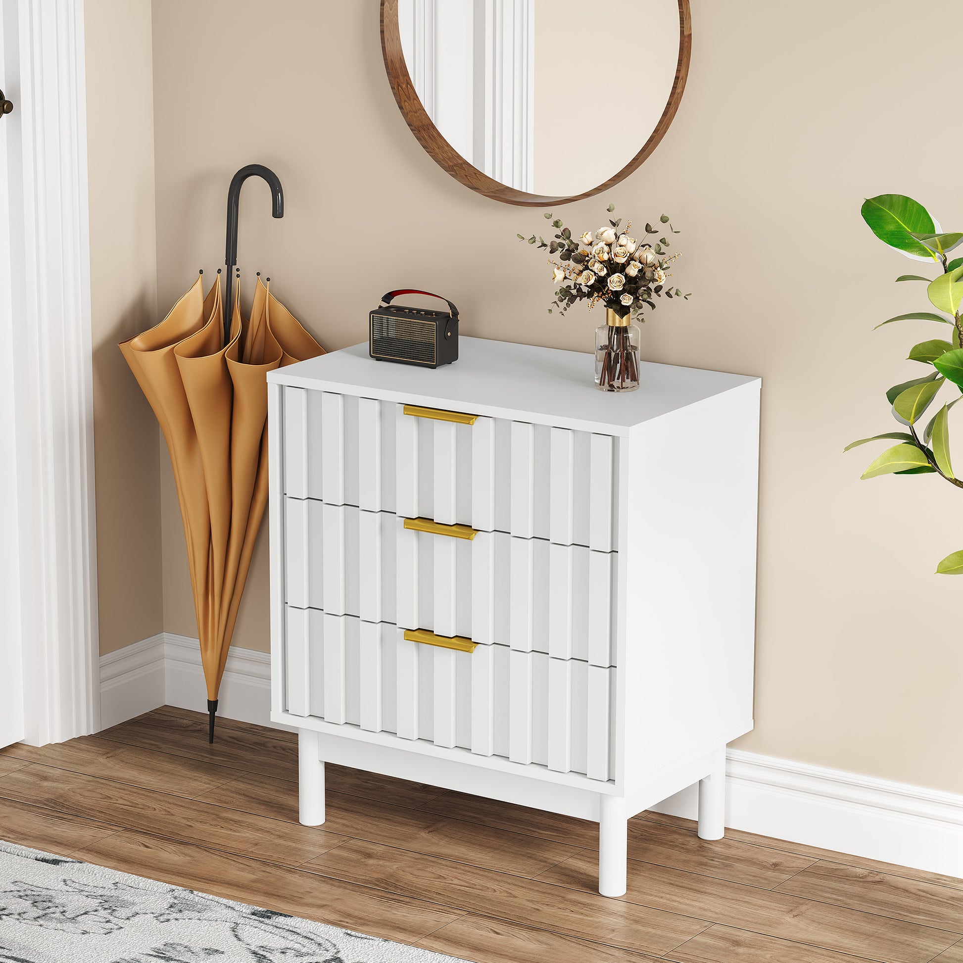 3 Drawer Dresser with Fluted Panel Design, Modern Wood Chest of Drawers with Chic Edge Pull, Large Nightstand Side Table, Wood Storage Organizer for Bedroom, Living Room, Entryway, White image 1