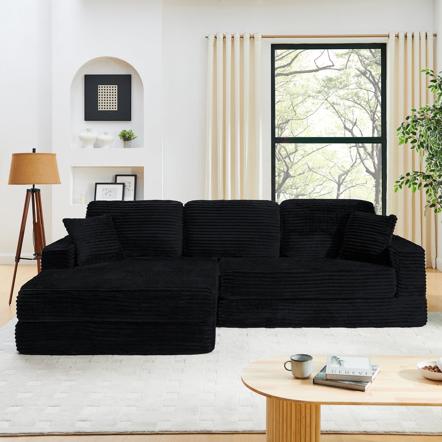 Left sofa seat,L shape Modular Sectional Sofa, Compressed Sectional Sofa Modern Minimalist Style Corduroy Couch,Unfold into a bed, Bedroom, Comfy Compressed Sofa Couch Space-Efficient Design-black image 3