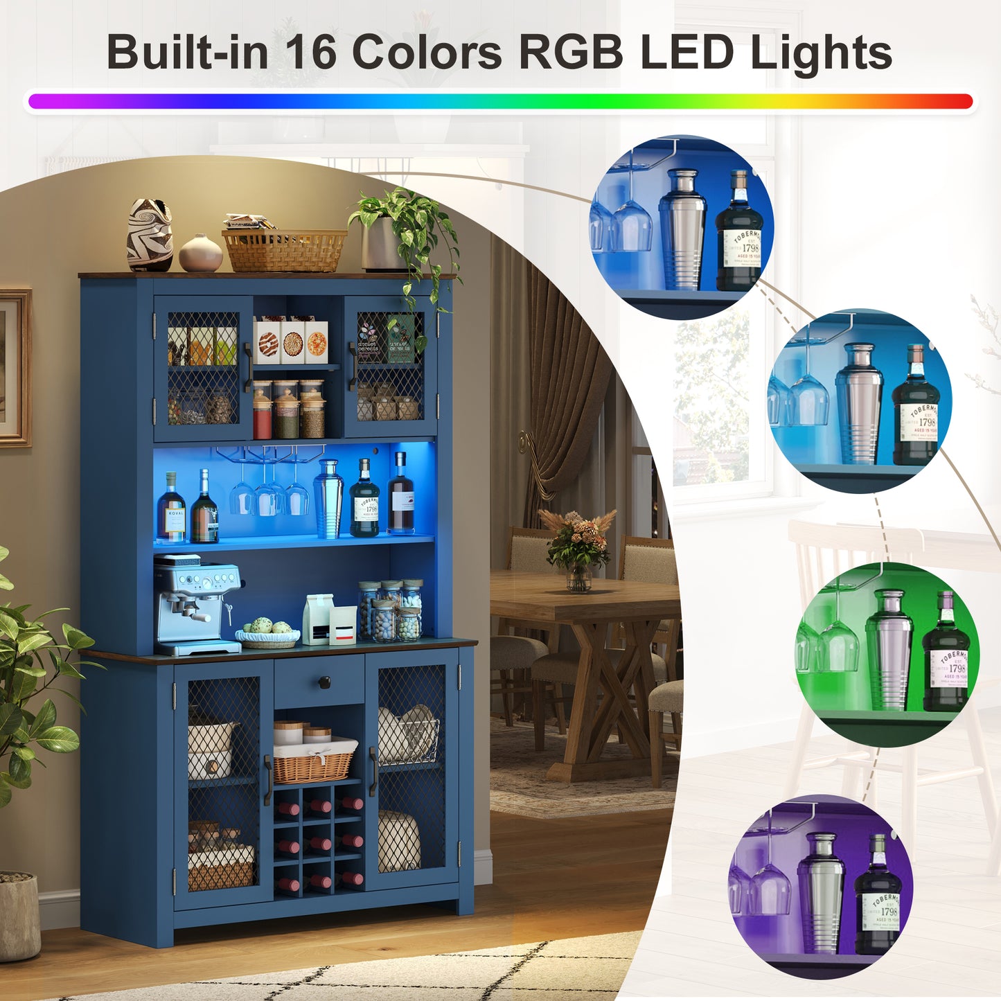 70.9" Kitchen Pantry Storage Cabinet Rustic Buffet Cabinet, Kitchen Hutch Cabinet with LED Outlets Food Pantry Cabinet with Doors and Shelves Wine Rack for Dining Room, Navy Blue image 8