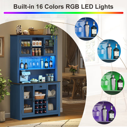 70.9" Kitchen Pantry Storage Cabinet Rustic Buffet Cabinet, Kitchen Hutch Cabinet with LED Outlets Food Pantry Cabinet with Doors and Shelves Wine Rack for Dining Room, Navy Blue image 8