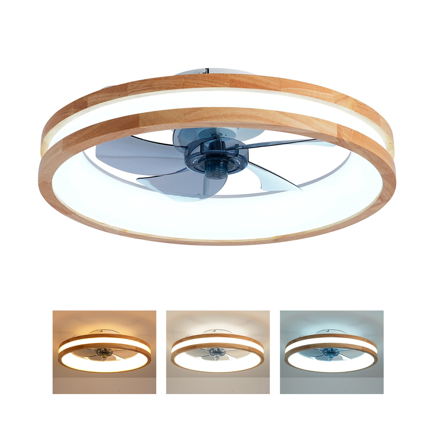 Ceiling Fans with Kit,LED Light Source and Remote Control, 3000-6500K Dimmable Modern Flush Mount LED Fan Light, 6 Speeds, Quiet DC Motor For Living room, Bedroom,Kitchen----Natural Wood + White image 1